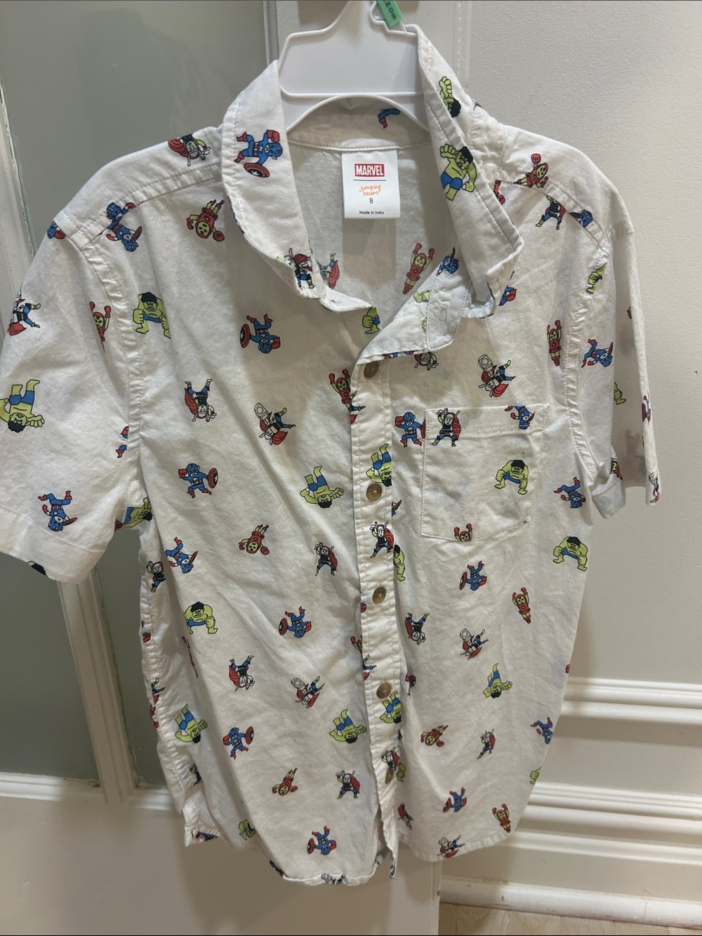 Marvel White Short-Sleeve Button-Down Shirt with Multicolor Superhero Print